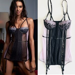 Victoria’s Secret 34C Scandalous lavender black lace mesh bustier with garters